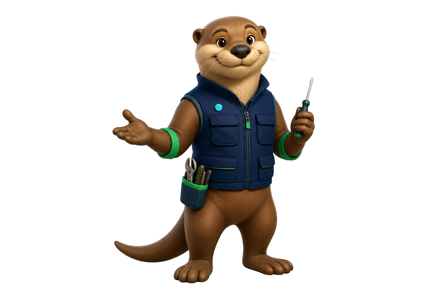 Billy, a friendly otter IT helper wearing a navy work vest