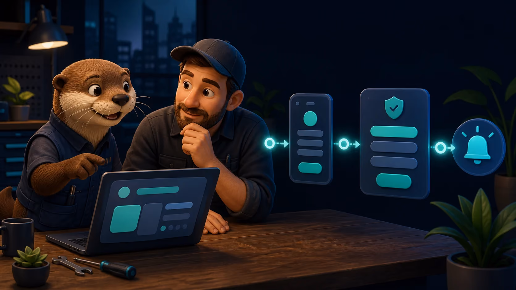 Billy the otter helping a North American service-business owner trace an abstract website visitor journey from phone to secure enquiry notification