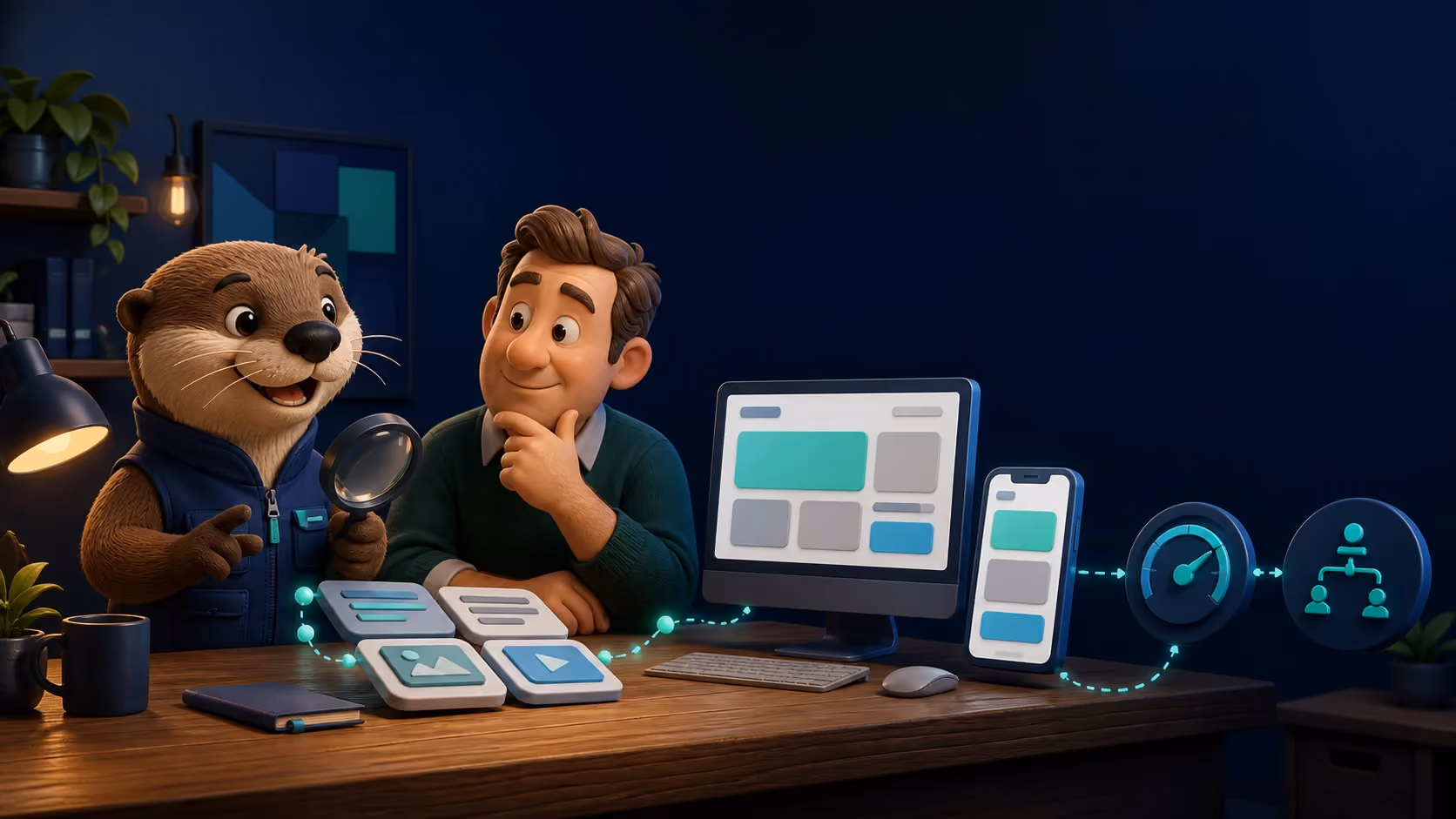 Billy the otter guiding a business owner through a website audit with an abstract website, phone, speed, and lead-flow symbols