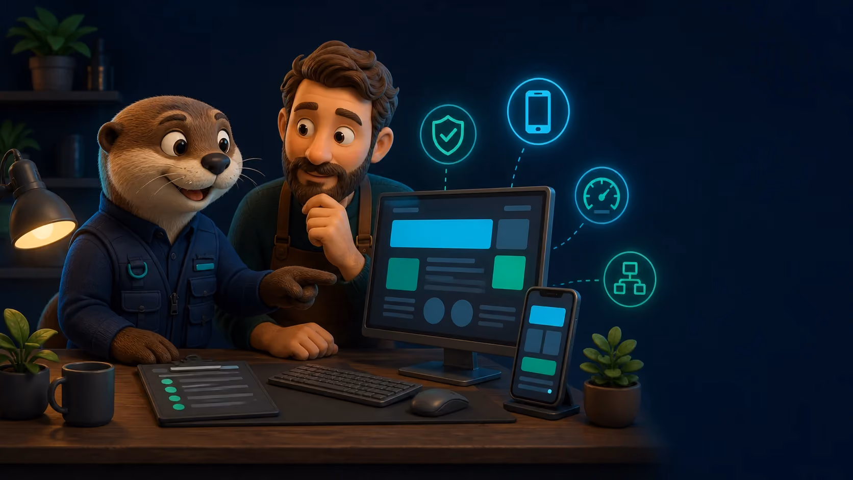 Billy the otter and a small-business owner reviewing a website, mobile experience, speed, trust, and lead-routing signals